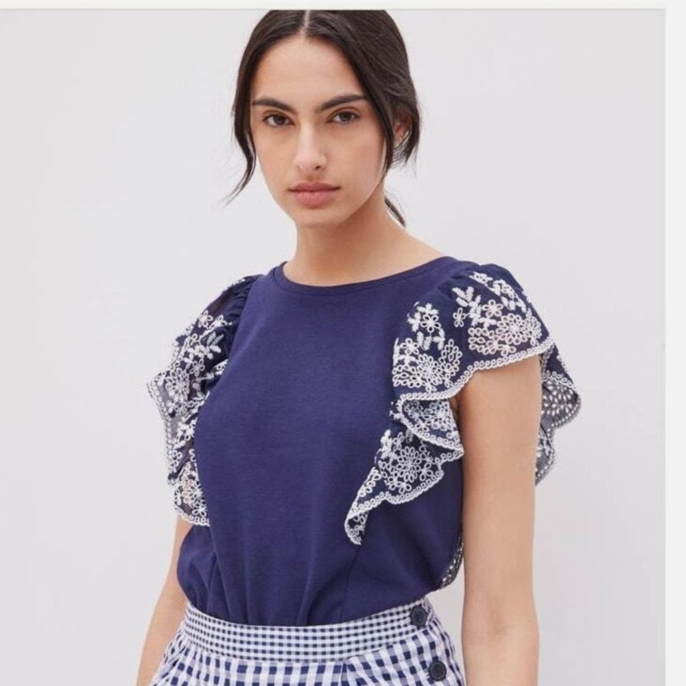 Anthropologie Navy and White Embroidered Blouse Sz Xs